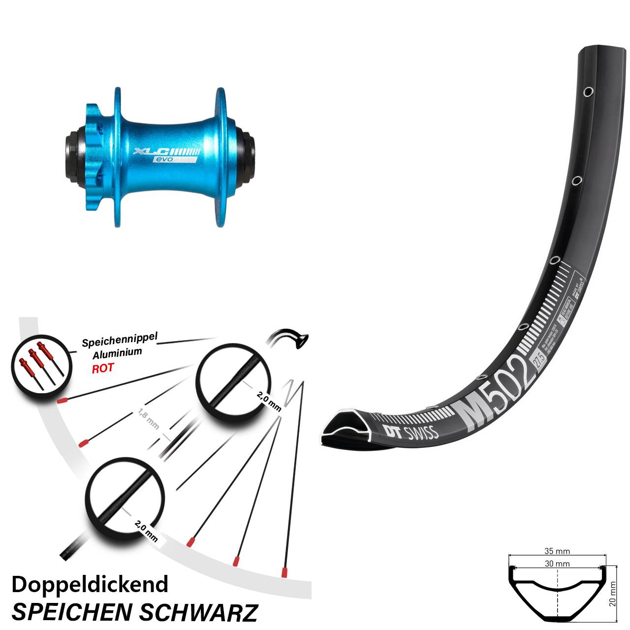 6-Loch Vorderrad 15x100 29 Zoll DT Swiss M502 XLC blau