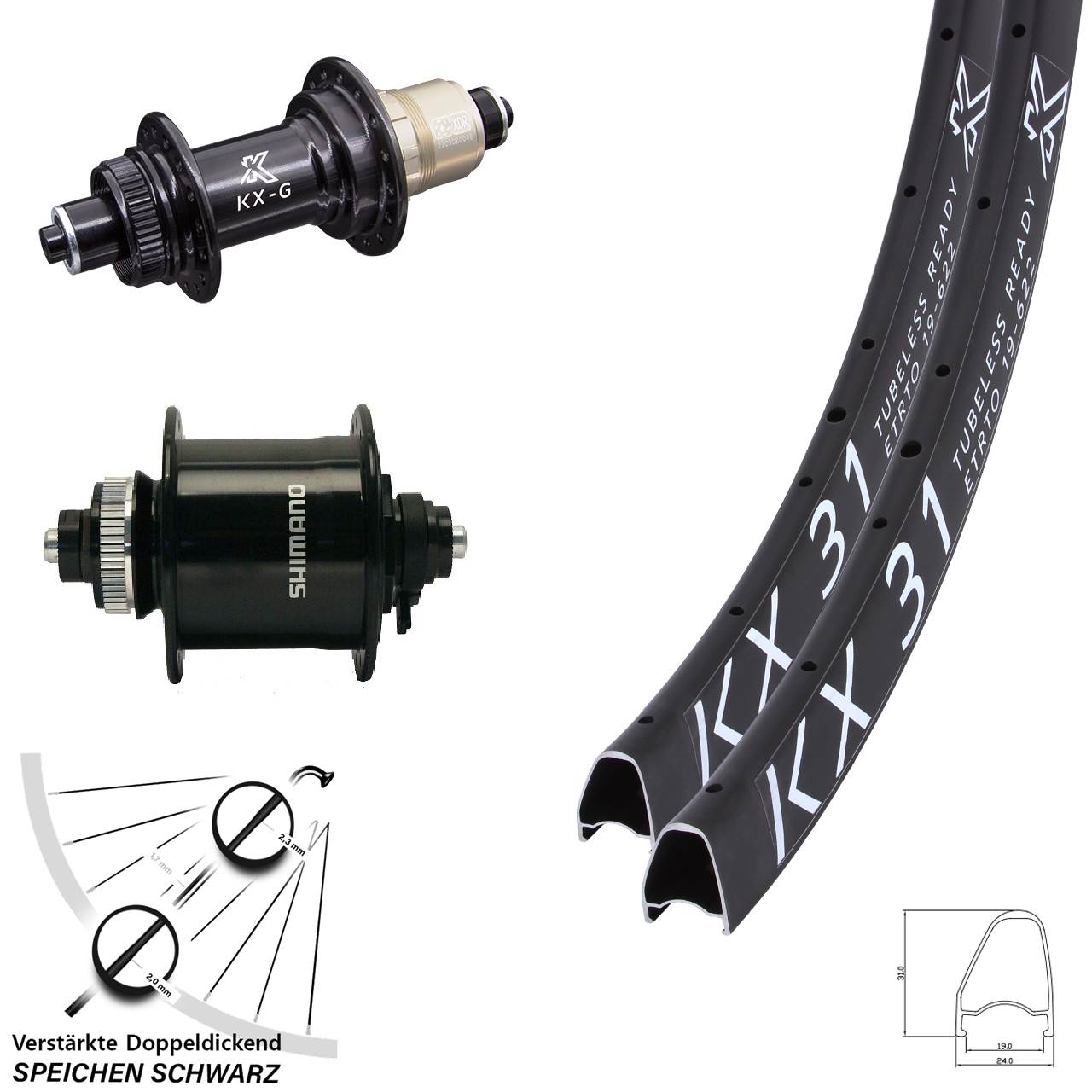 28 Zoll KX-G 31 Offset Shimano DH-UR700 Disc Laufrad-Satz QR SRAM XDR