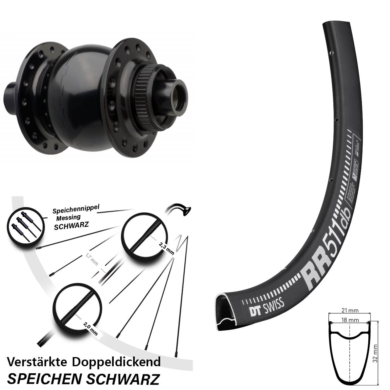 Nabendynamo-Vorderrad Centerlock DT Swiss RR511 SON 28 Zoll 15x110 Boost
