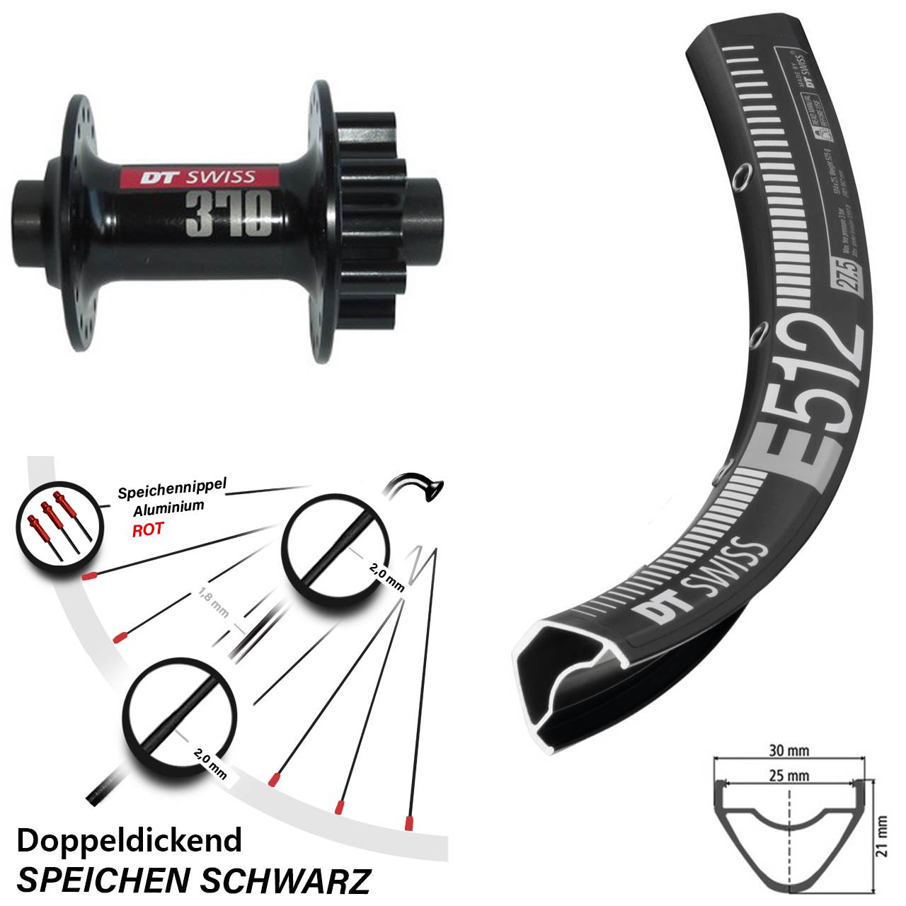 Vorderrad 29 Zoll DT Swiss E 512 mit 370 6-Loch 15x100