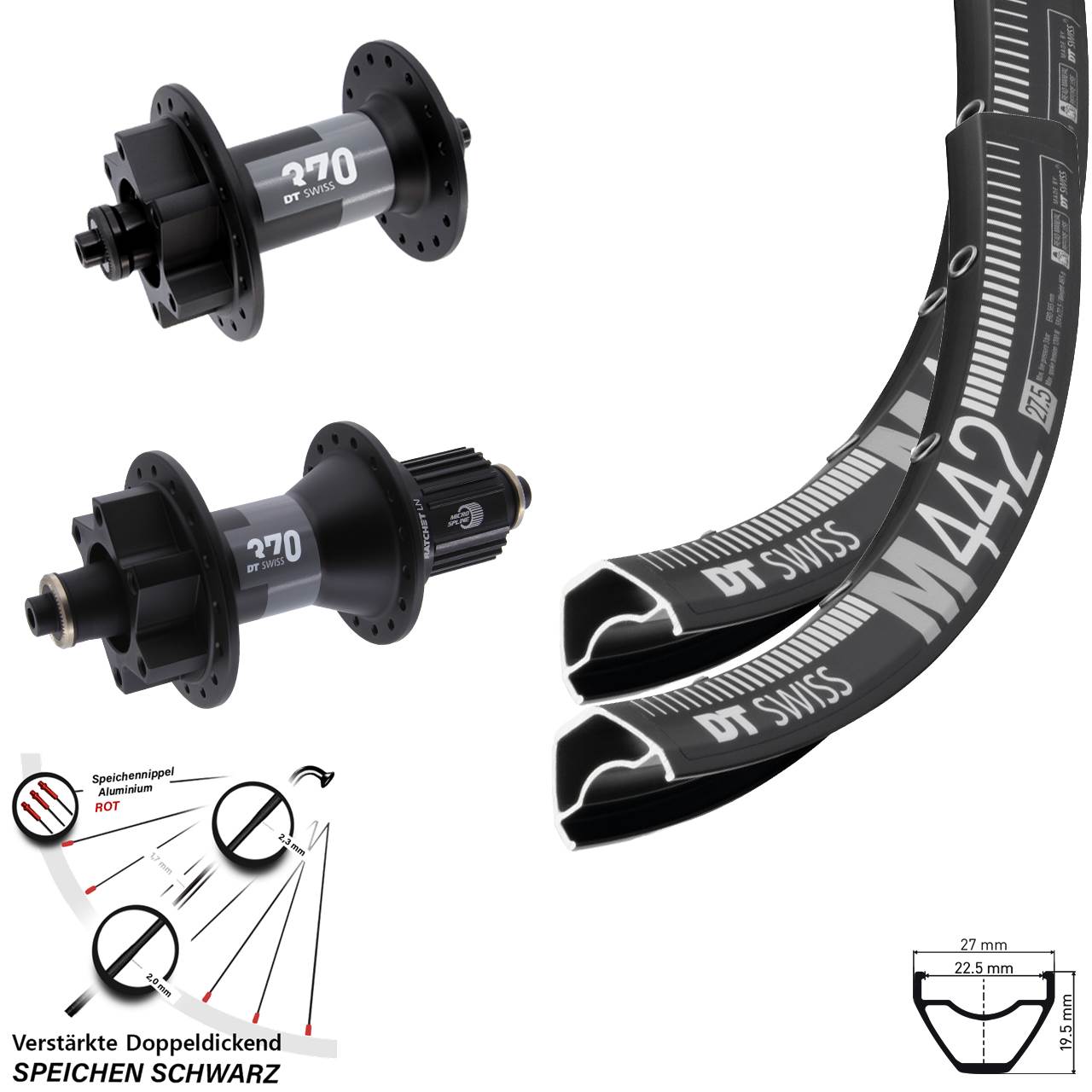 28-29 Zoll DT Swiss M 442 370 Laufradsatz 6-Loch für Schnellspanner Shimano Micro Spline
