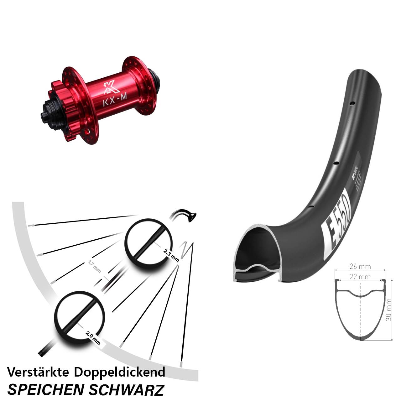 Disc Vorderrad 28 Zoll DT Swiss E550 KX-M rot für Schnellspanner