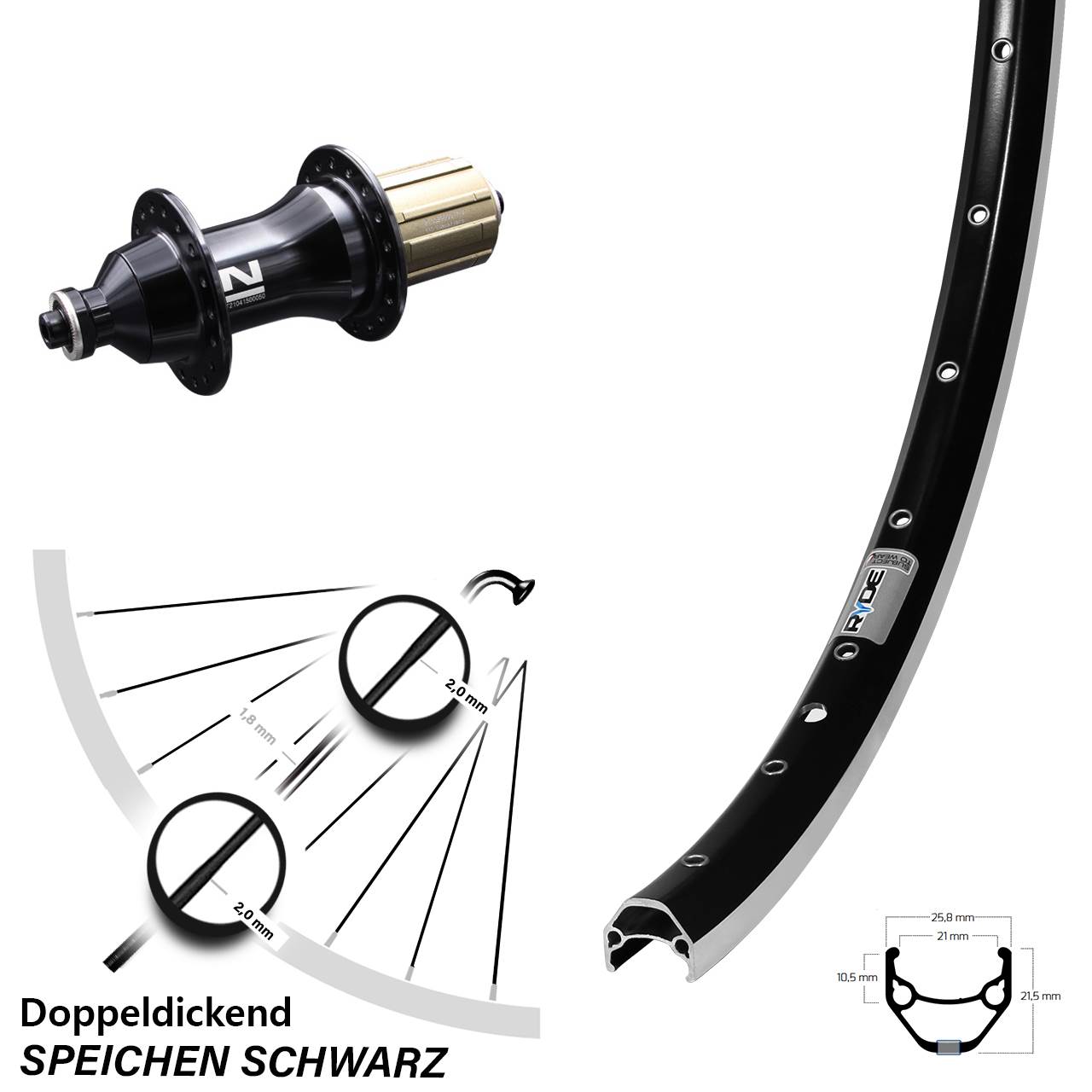 Hinterrad 28 Zoll Ryde ZAC 421 Felgenbremse schwarz Novatec F162SB 8-12 fach