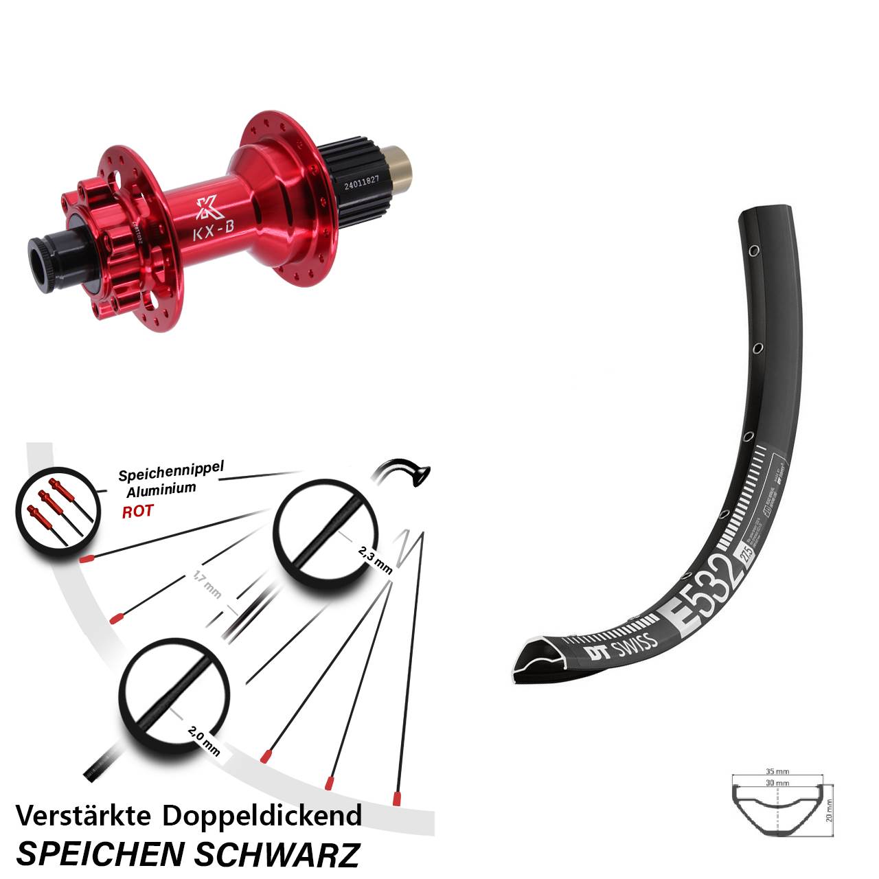 DT Swiss E532 KX-B rot 27,5 Zoll Disc Hinterrad 12x148 Boost Shimano Micro Spline