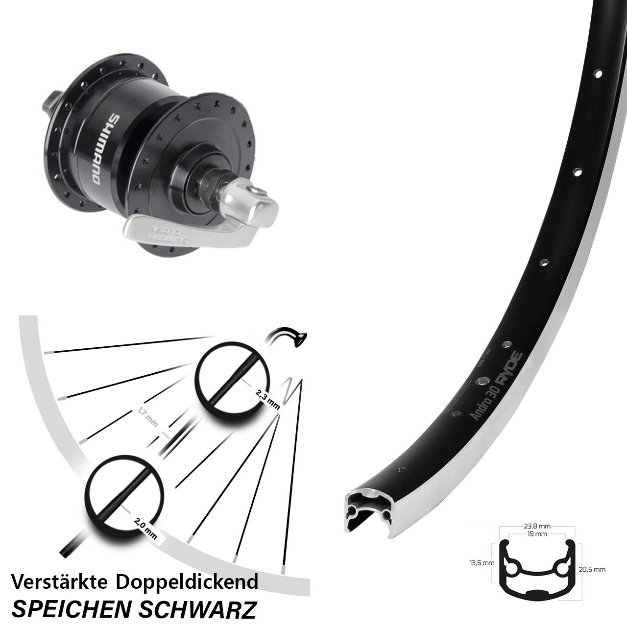 Vorderrad mit Shimano DH-3N72 Nabendynamo 26 Zoll Ryde Andra 30