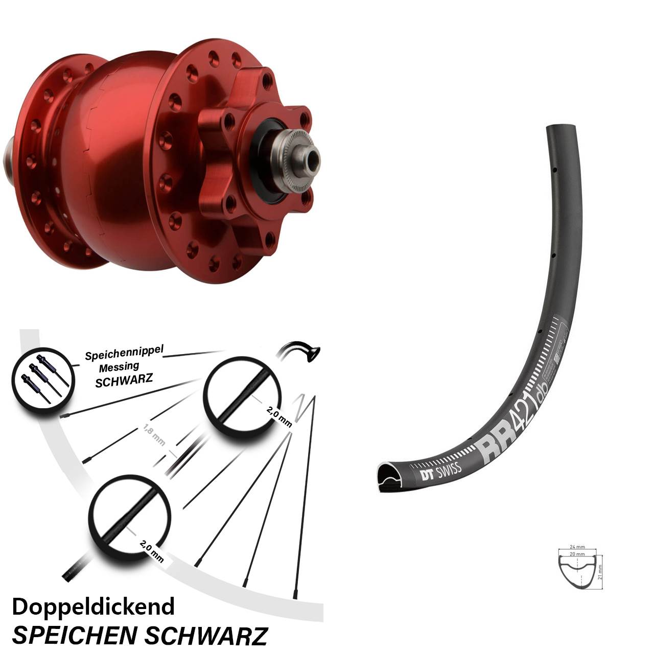 Vorderrad roter SON 28 Zoll DT Swiss RR 421 DB Dynamo Schnellspanner 6-loch