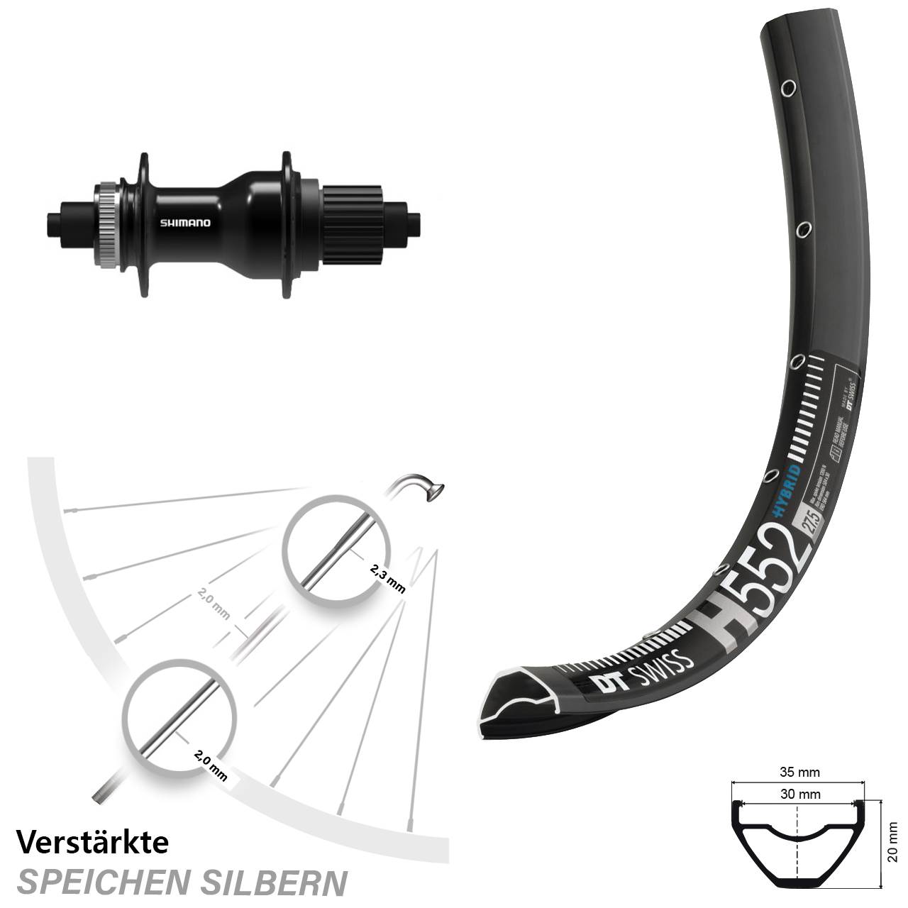 Centerlock Hinterrad 27,5 Zoll DT Swiss H552 Shimano FH-QC500-B Micro Spline QR Boost