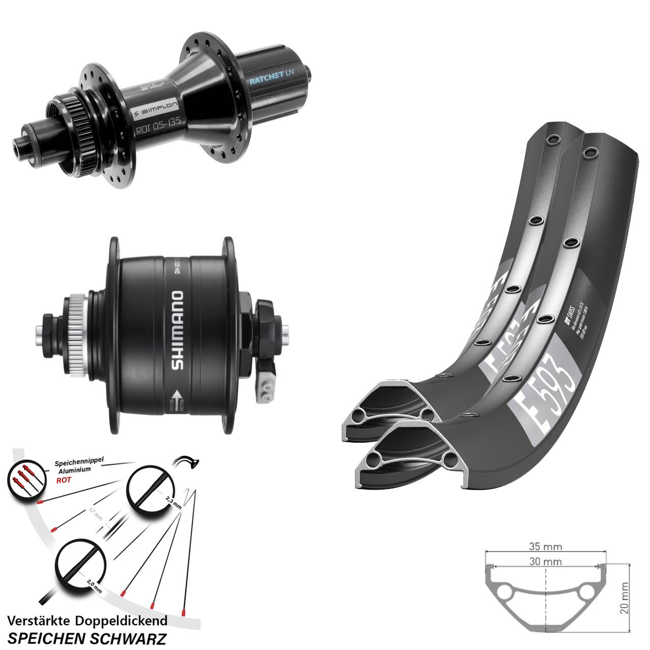 29 Zoll DT Swiss E 593 370 Hybrid Shimano DH-3D37 Laufradsatz Centerlock QR 8-11 fach