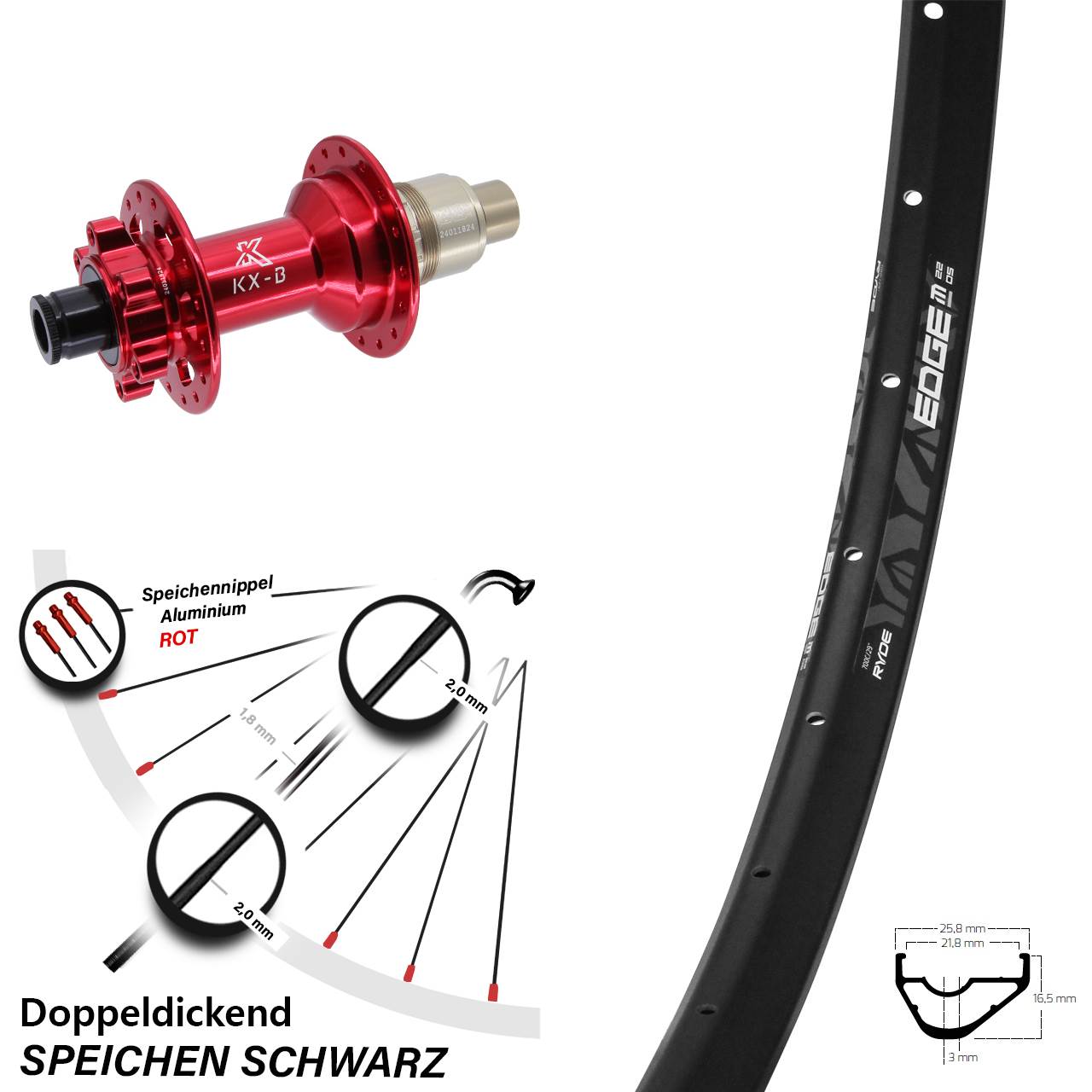 28-29 Zoll Ryde Edge M22 KX-B rot 6-Loch Hinterrad 12x148 XD