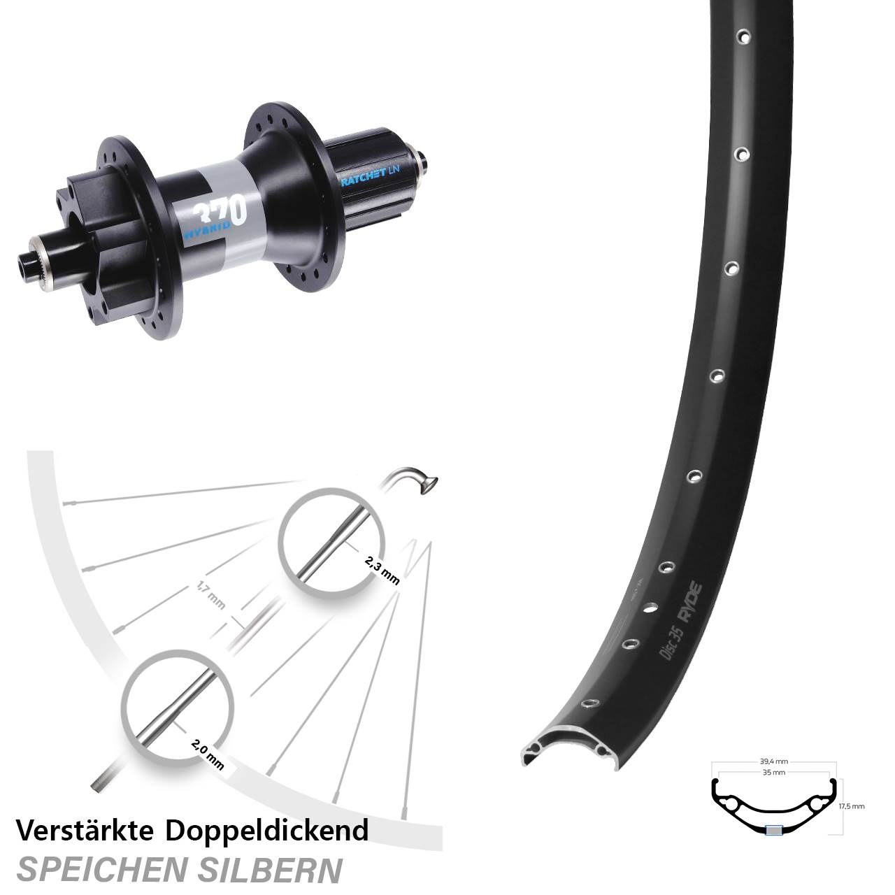 6-Loch Hinterrad 29 Zoll Ryde Disc 35 DT Swiss 370 Hybrid 8-11 fach QR Boost
