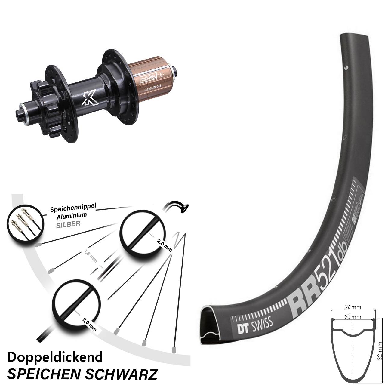 DT Swiss RR 521 KX-M 28 Zoll Disc Hinterrad für Schnellspanner 8-12 fach HG