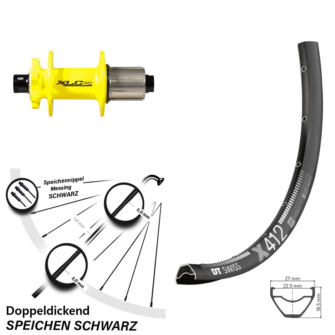 DT Swiss X 412 XLC gelb 28 Zoll Disc Hinterrad 12x142 8-11 fach