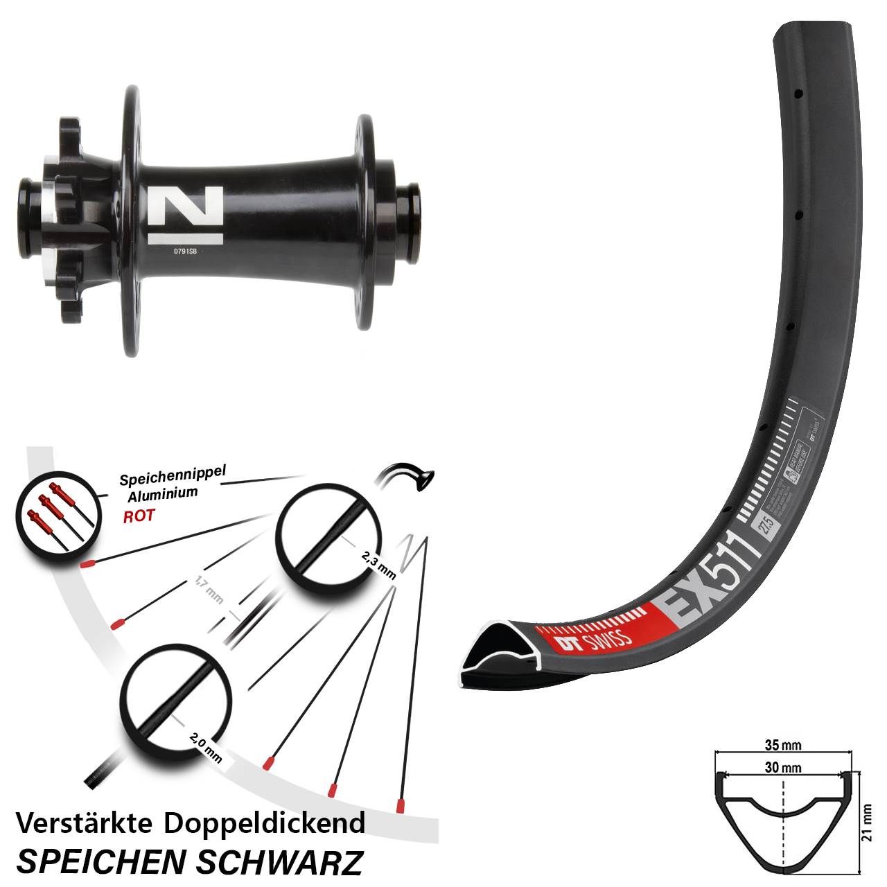 Vorderrad 6-Loch 27,5 Zoll DT Swiss EX511 Novatec D791 15x100