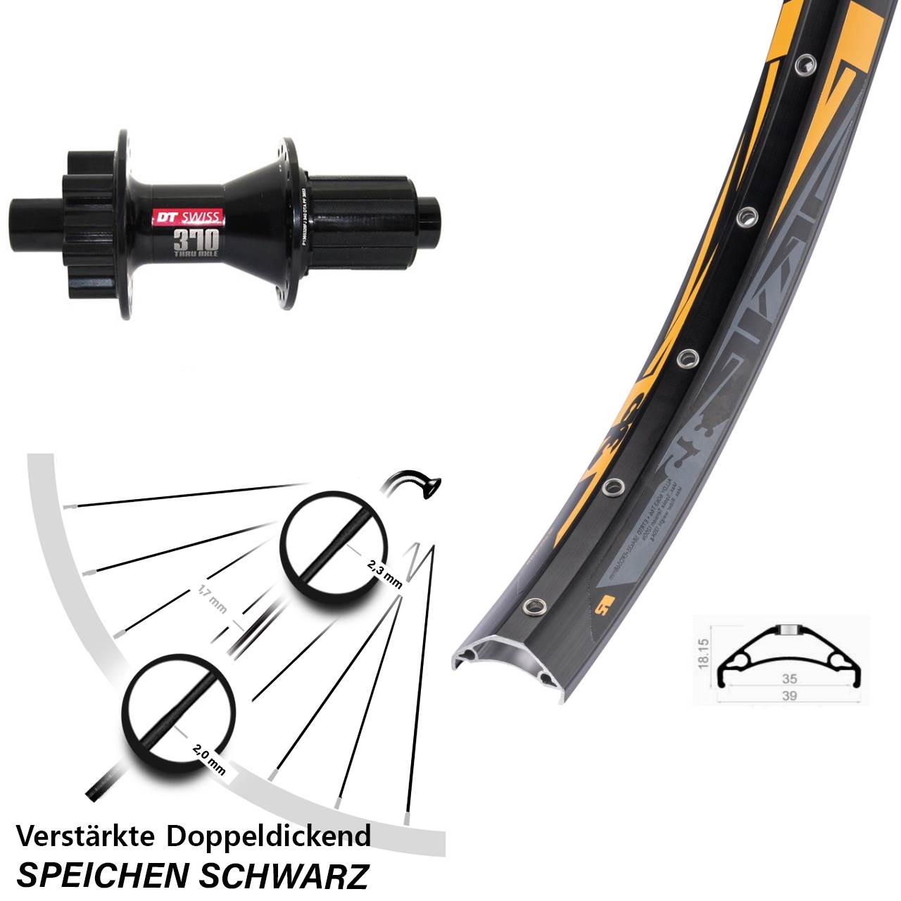 27,5 Zoll Rodi TRYP 35 DT Swiss 370 Hybrid Hinterrad 6-Loch 12x142 8-11 fach