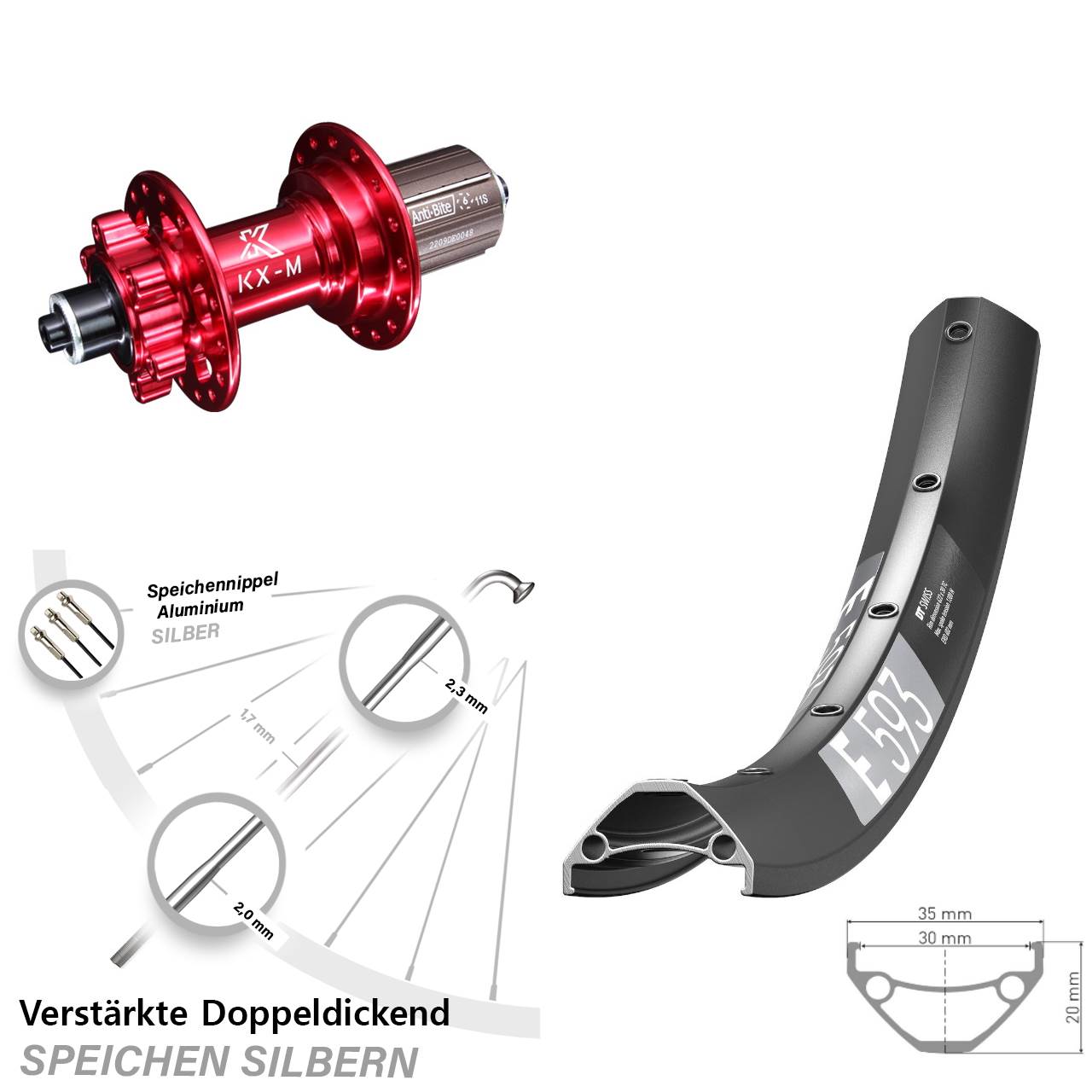 29 Zoll DT Swiss E 593 KX-M rot Disc Laufrad QR 8-12 fach