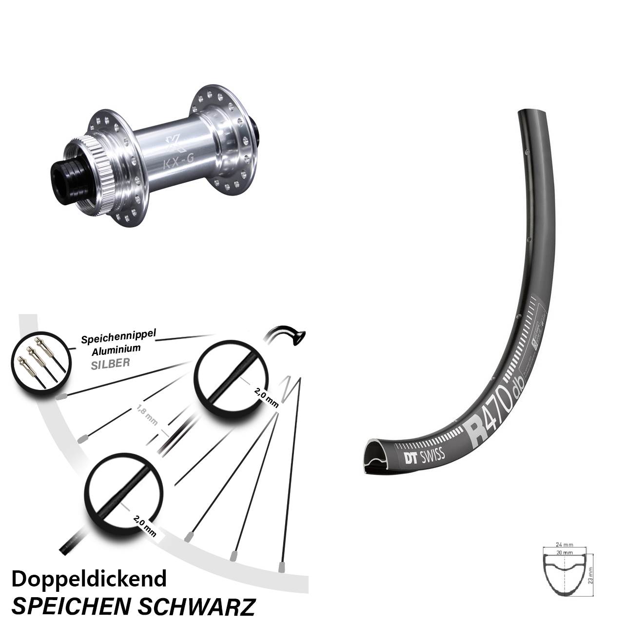 DT Swiss R 470 DB Vorderrad 28 Zoll mit KX-G silbern Steckachse 12x100 mm