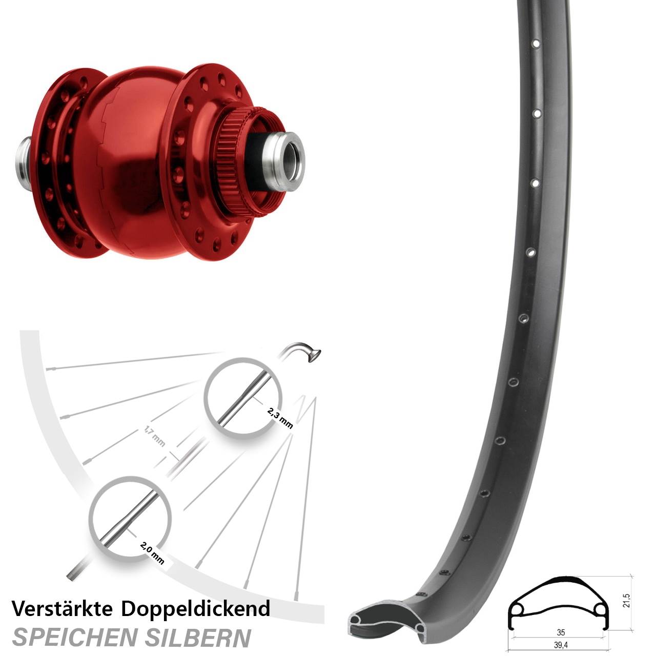 Nabendynamo-Vorderrad Centerlock 29 Zoll Ambrosio E35 SON 28 rot 12x100
