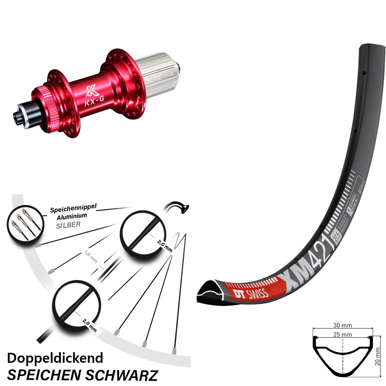 DT Swiss XM 421 27,5 Zoll Hinterrad KX-G rot 8-12 fach