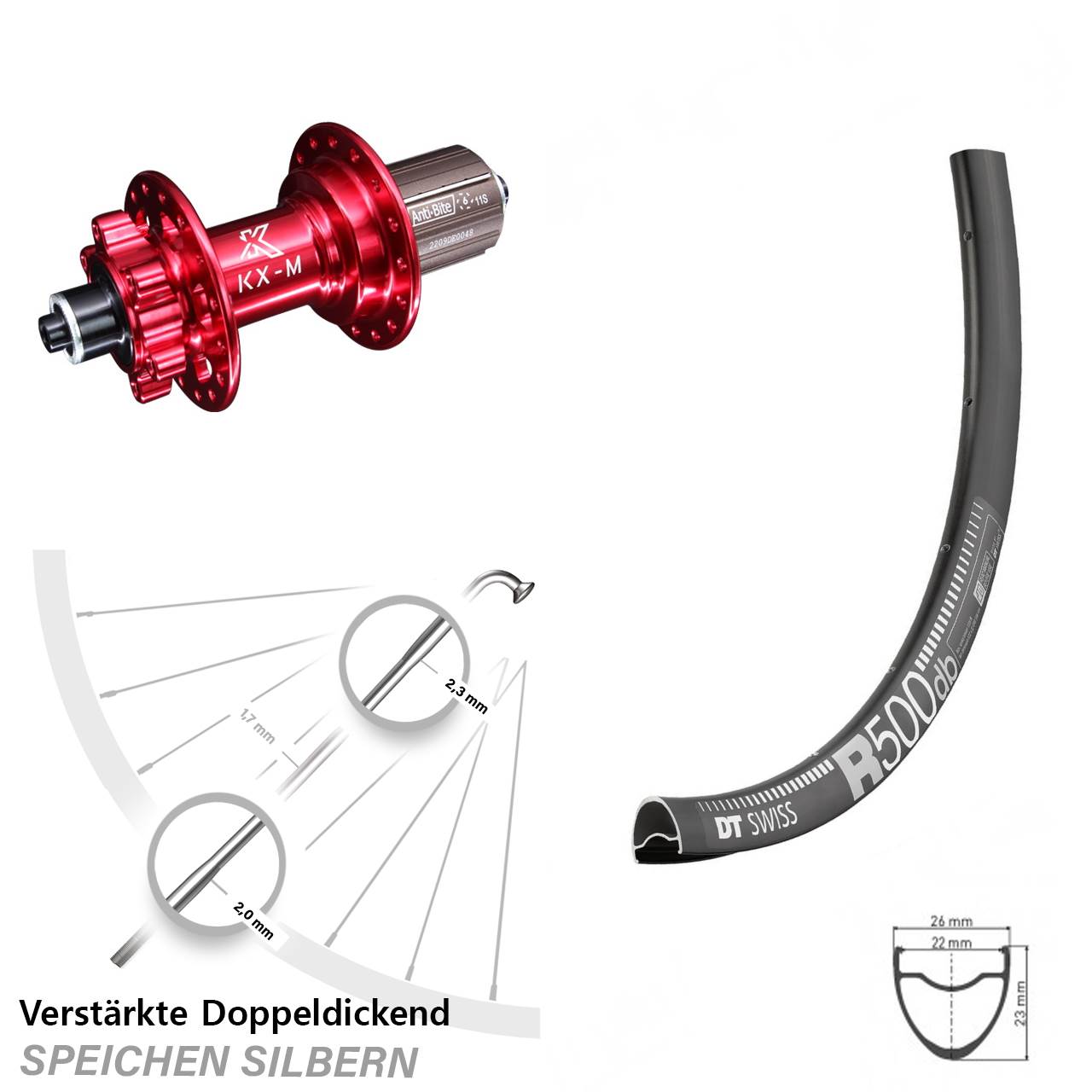 28 Zoll DT Swiss R500 KX-M rot 6-Loch Hinterrad QR 8-12 fach