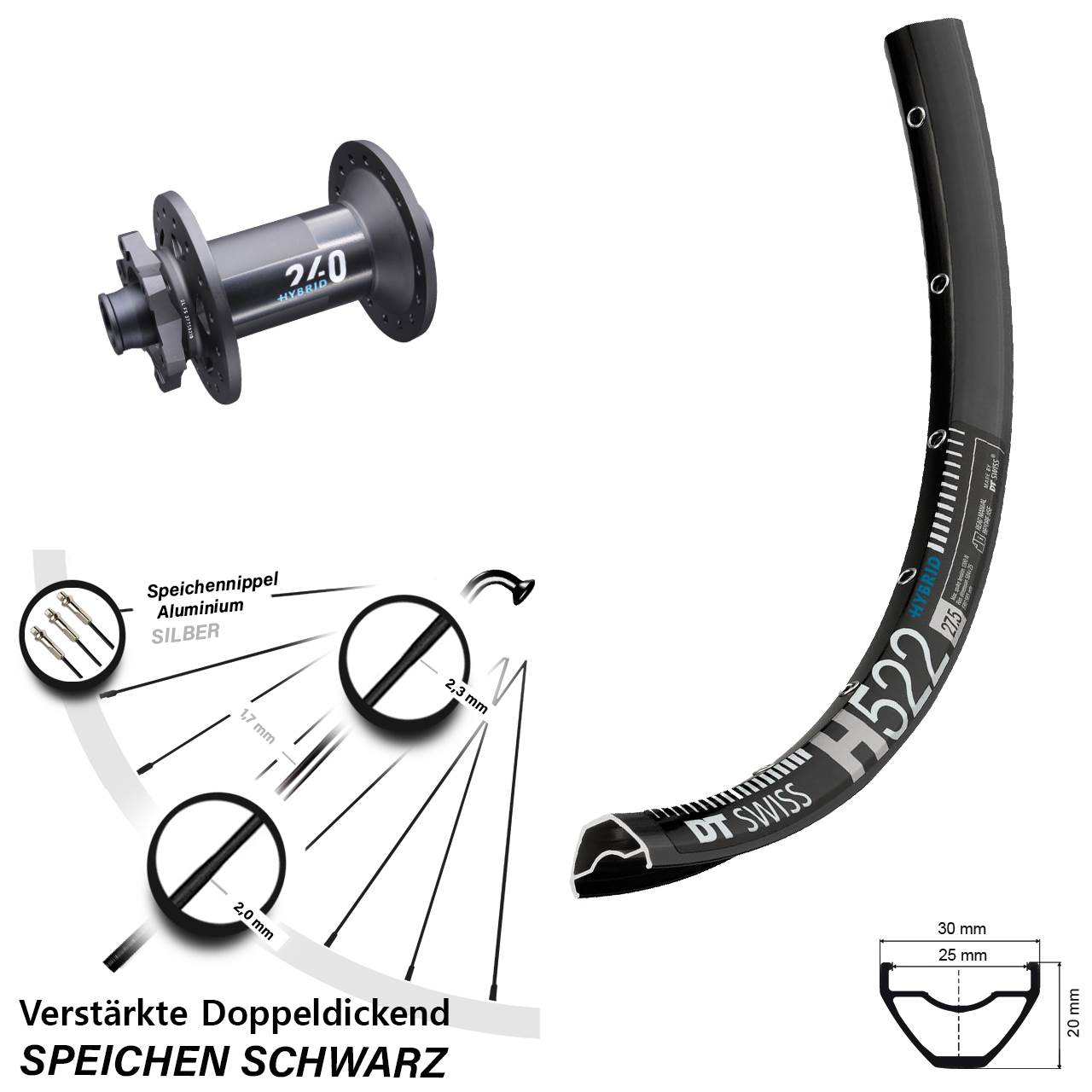 29 Zoll Vorderrad H 522 DT Swiss 240 Hybrid Boost 15x110 mm 6-Loch verstärkt E-Bike
