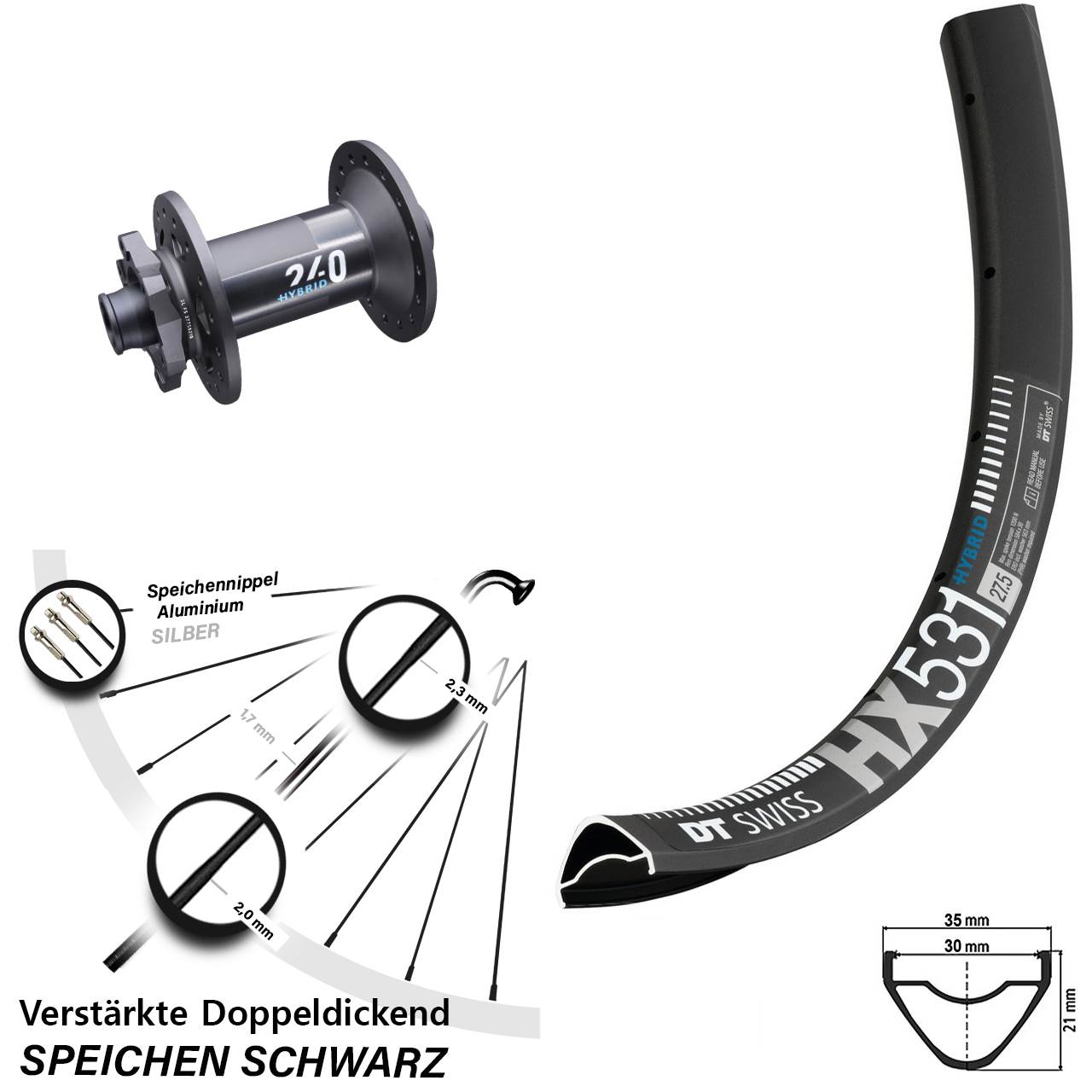 E-Bike Vorderrad 15x110 mm HX 531 DT Swiss 240 Hybrid Boost 6-loch verstärkt
