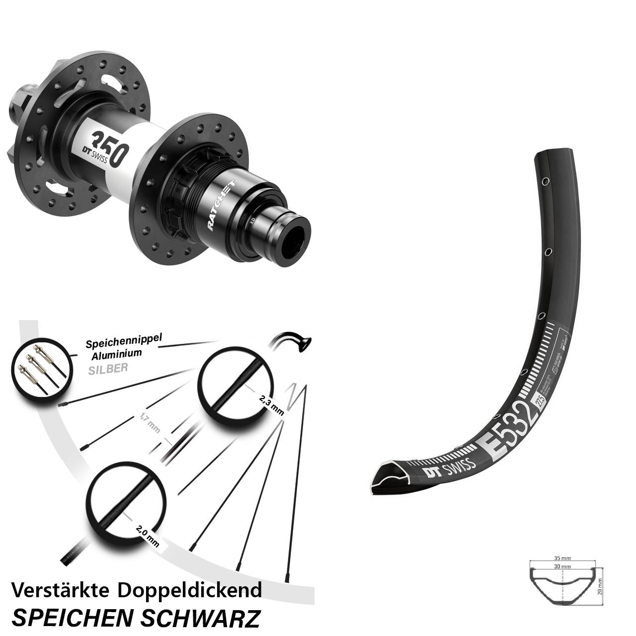 29 Zoll DT Swiss E 532-350 Ratchet 36 Disc Hinterrad 12x142 SRAM XD