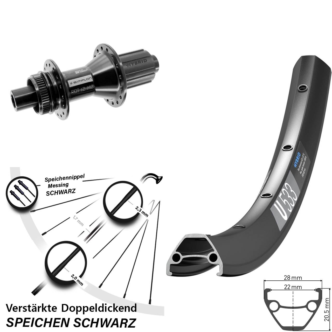 DT Swiss U533-370 Hybrid 28-29 Zoll Centerlock Hinterrad 12x142 8-11 fach
