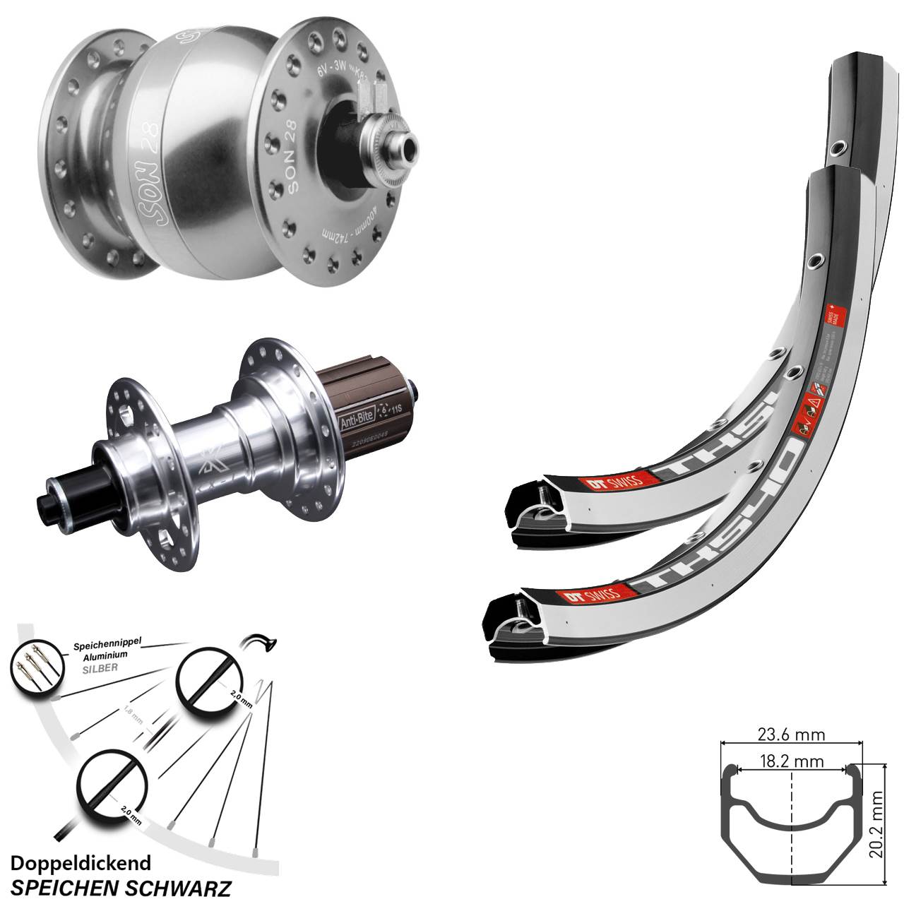 Laufrad-Satz für Schnellspanner SON 28 Zoll DT Swiss TK540 KX-T silbern 8-12 fach HG