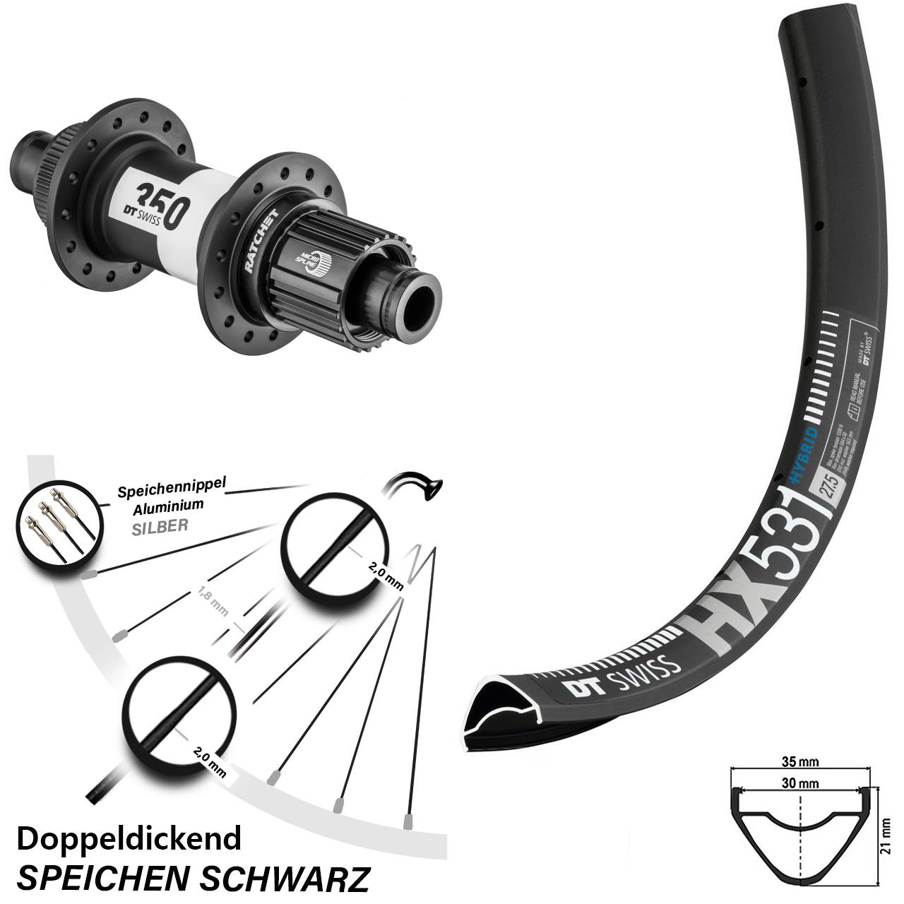 Hinterrad 29 Zoll DT Swiss HX 531 DB 350 Hinterradnabe Centerlock Micro Spline