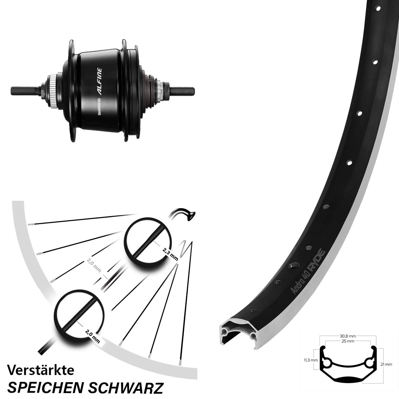 26 Zoll Hinterrad Shimano Alfine 8 Gang Ryde Andra 40 für Felgenbremse
