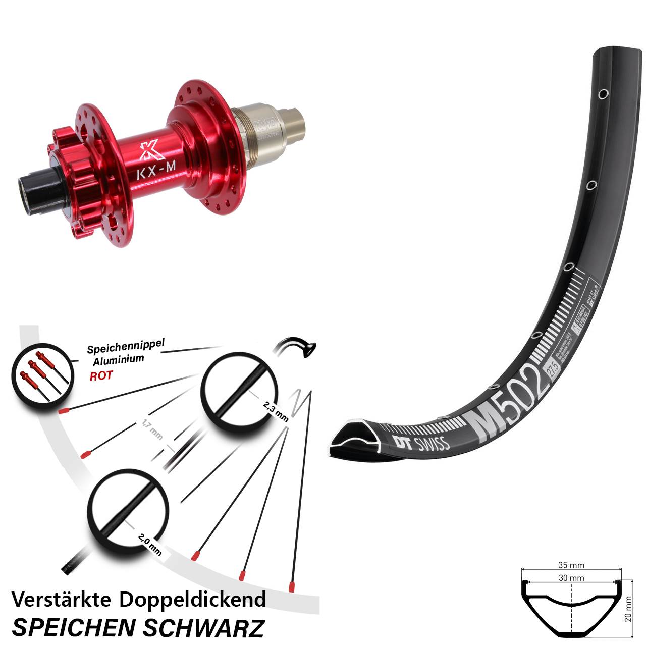 Disc Hinterrad 12x142 27,5 Zoll DT Swiss M 502 KX-M rot XD