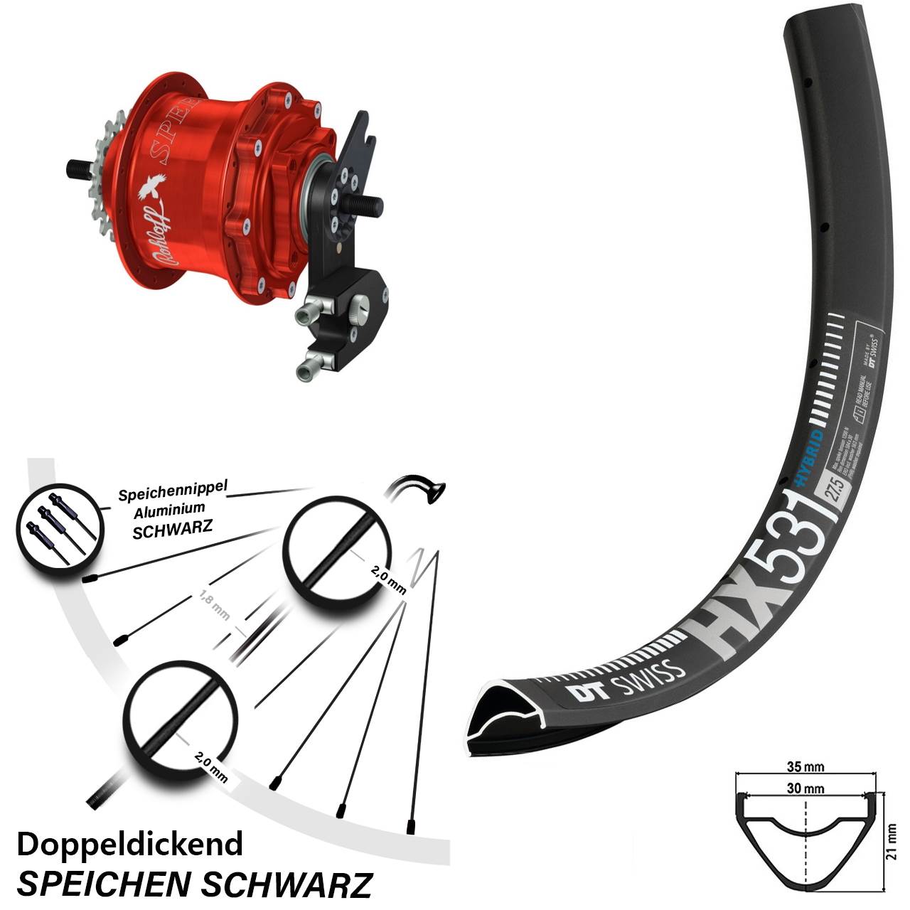 Disc Laufrad 29 Zoll DT Swiss HX531 Rohloff TS DB OEM2 Tandem rot