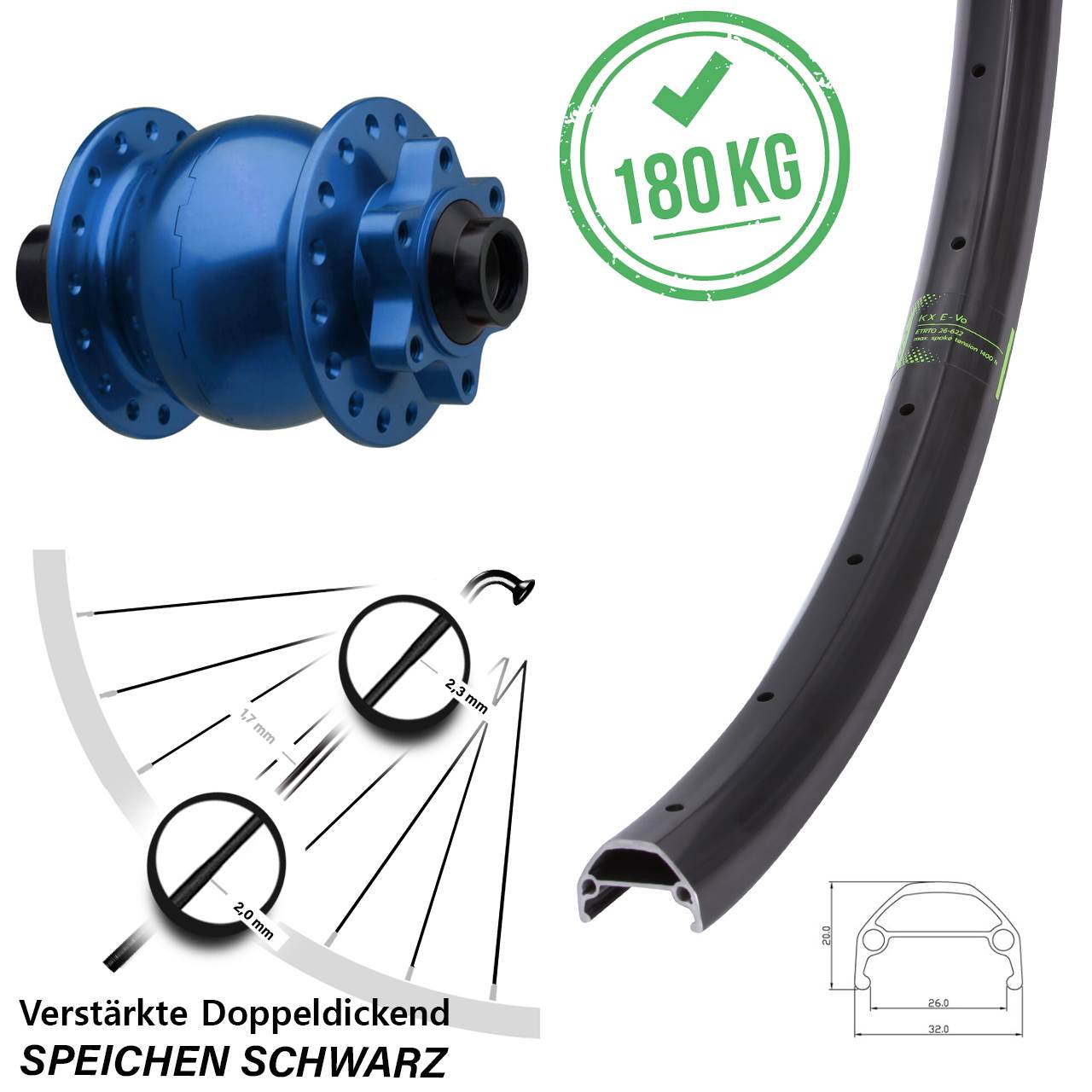 SON 28 blau KX Evo 27,5 Zoll Vorderrad mit Nabendynamo 6-Loch 15x110 Boost