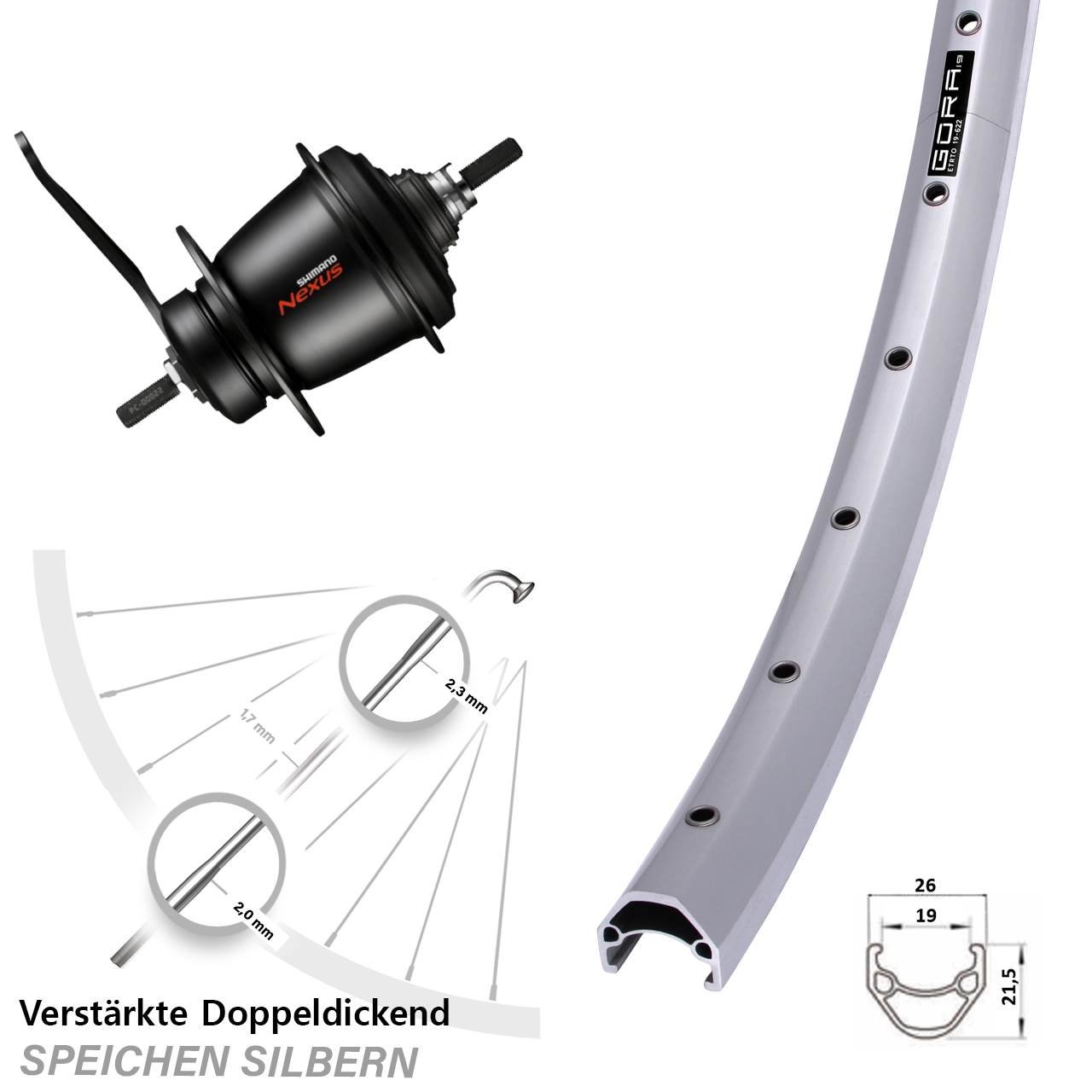 28 Zoll Hinterrad Shimano SG-C3001 7 Gang Rücktritt Gora 19 silbern