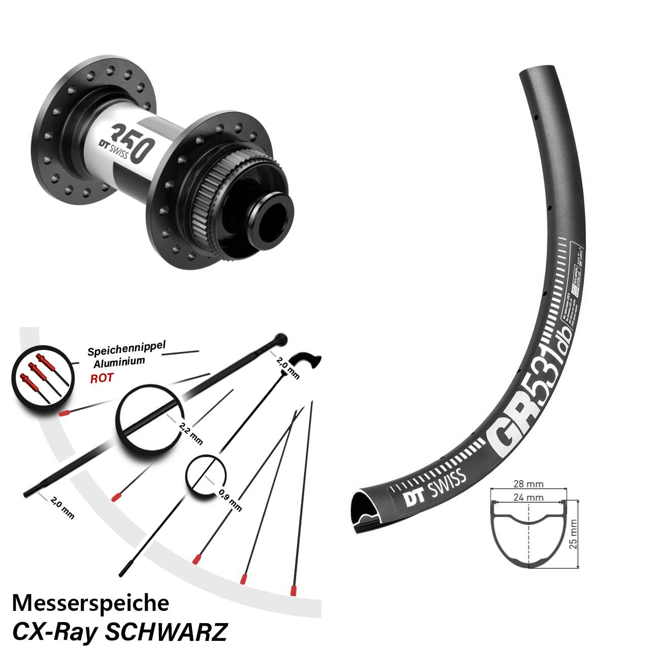 Vorderrad 12x100 Centerlock 27,5 Zoll DT Swiss GR 531-350 Road Messerspeiche CX-Ray