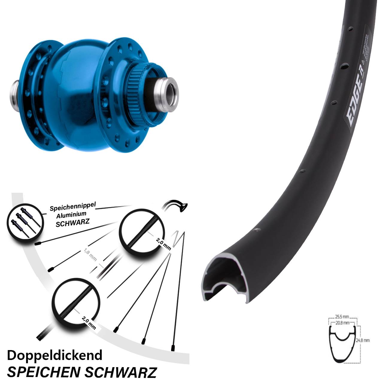 Vorderrad blau eloxierter SON 28 Zoll Ryde Edge R25 OS Steckachse 12x100 mm