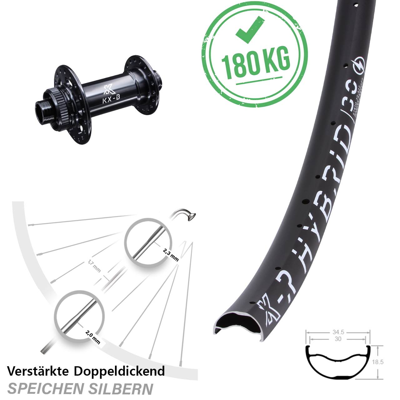 Vorderrad E-Bike 29 Zoll Boost 15x110 mm KX-BR Hybrid Centerlock leicht