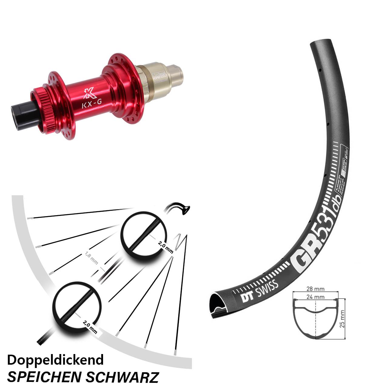 Hinterrad Centerlock 28 Zoll DT Swiss GR531 KX-G rot 12x142