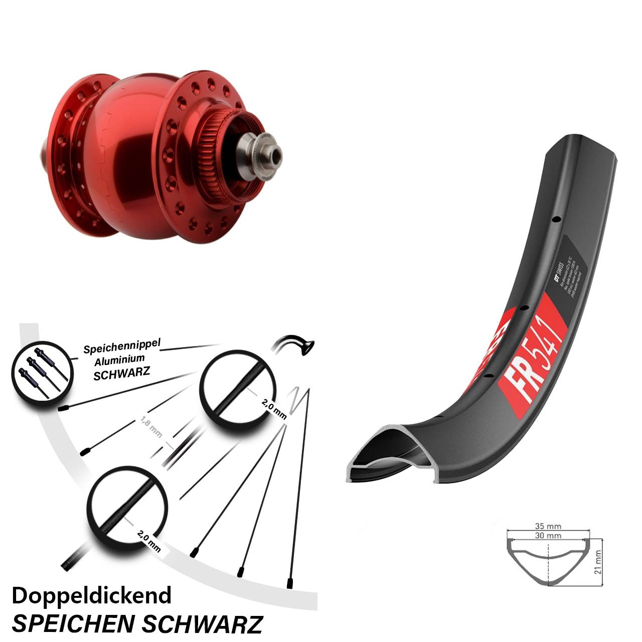 Centerlock Dynamo-Vorderrad für Schnellspanner 27,5 Zoll DT Swiss FR 541 SON delux rot