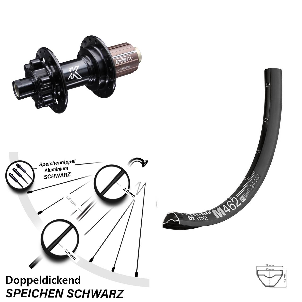 27,5 Zoll DT Swiss M 462 KX-M 6-Loch Hinterrad 12x142 8-12 fach