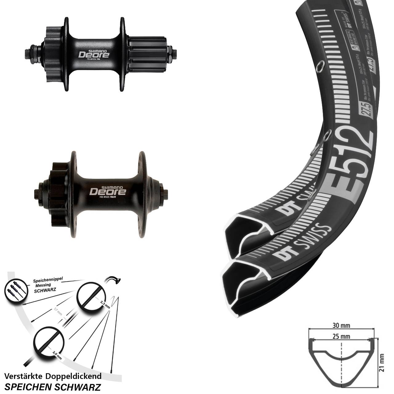 Laufradsatz 6-Loch QR 27,5 Zoll DT Swiss E512 Shimano Deore HB-M525 FH-M525