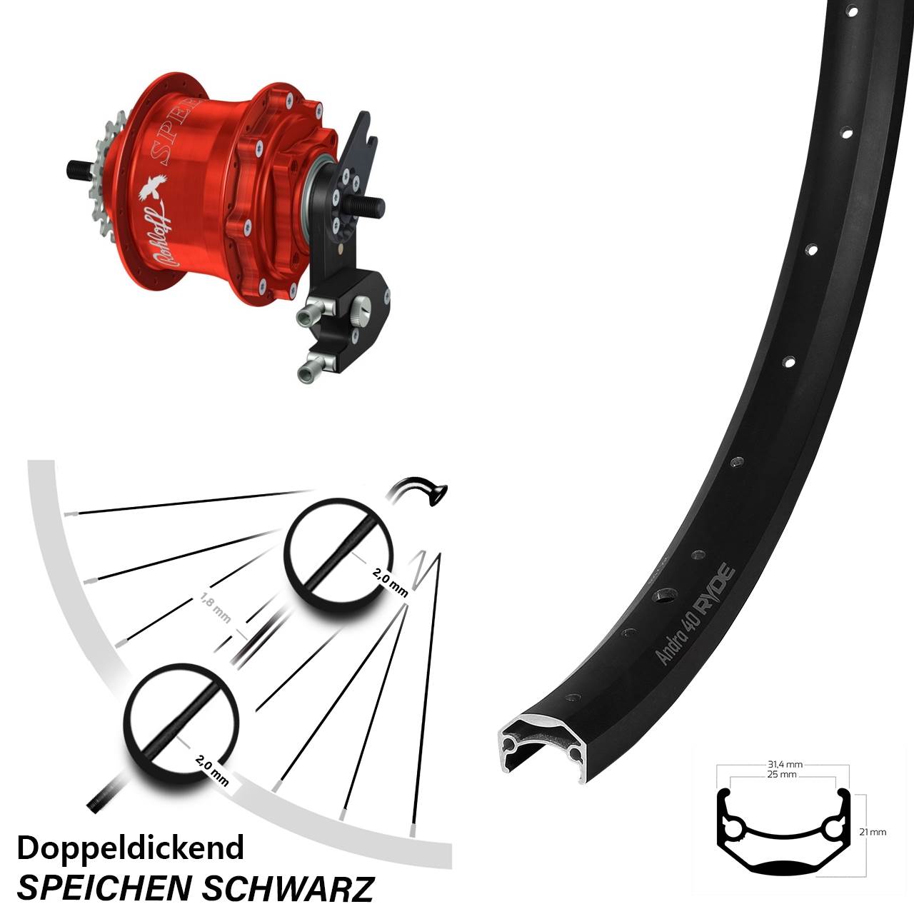 Hinterrad 27,5 Zoll Ryde Andra 40 Disc Rohloff Speedhub 500/14 TS DB OEM2 Tandem rot
