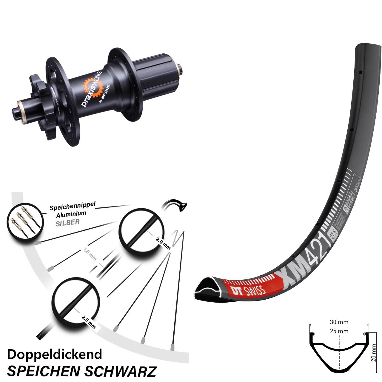 27,5 Zoll DT Swiss XM 421-350 6-Loch Hinterrad für Schnellspanner 8-11 fach