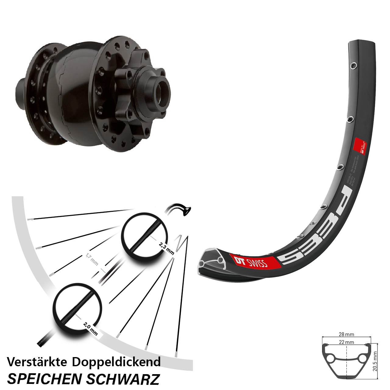 29 Zoll DT Swiss 533 D SON 28 Dynamo-Vorderrad 6-Loch 15x100