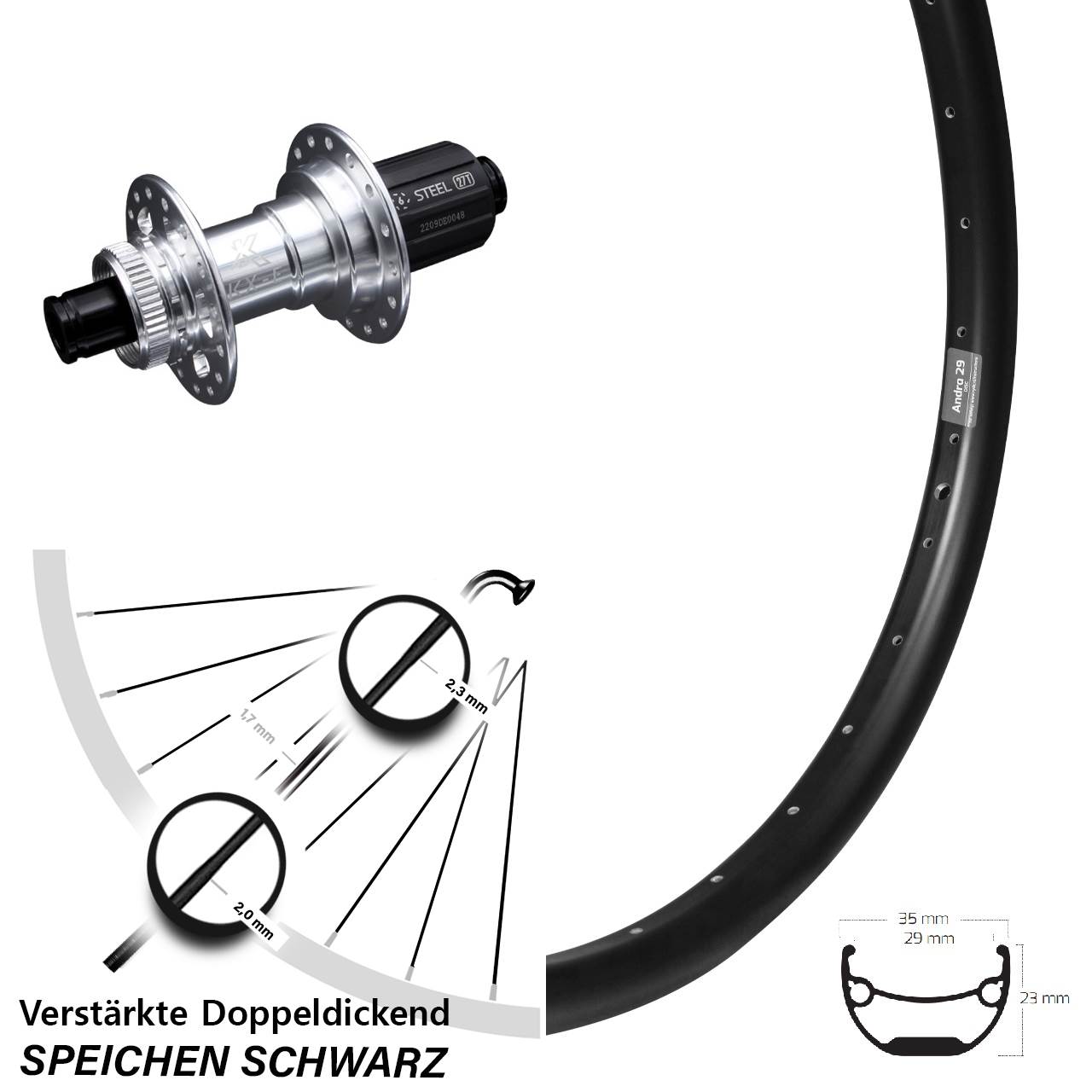 29 Zoll Hinterrad verstärkt KX-E silbern-eloxiert 12x142 mm Ryde Andra