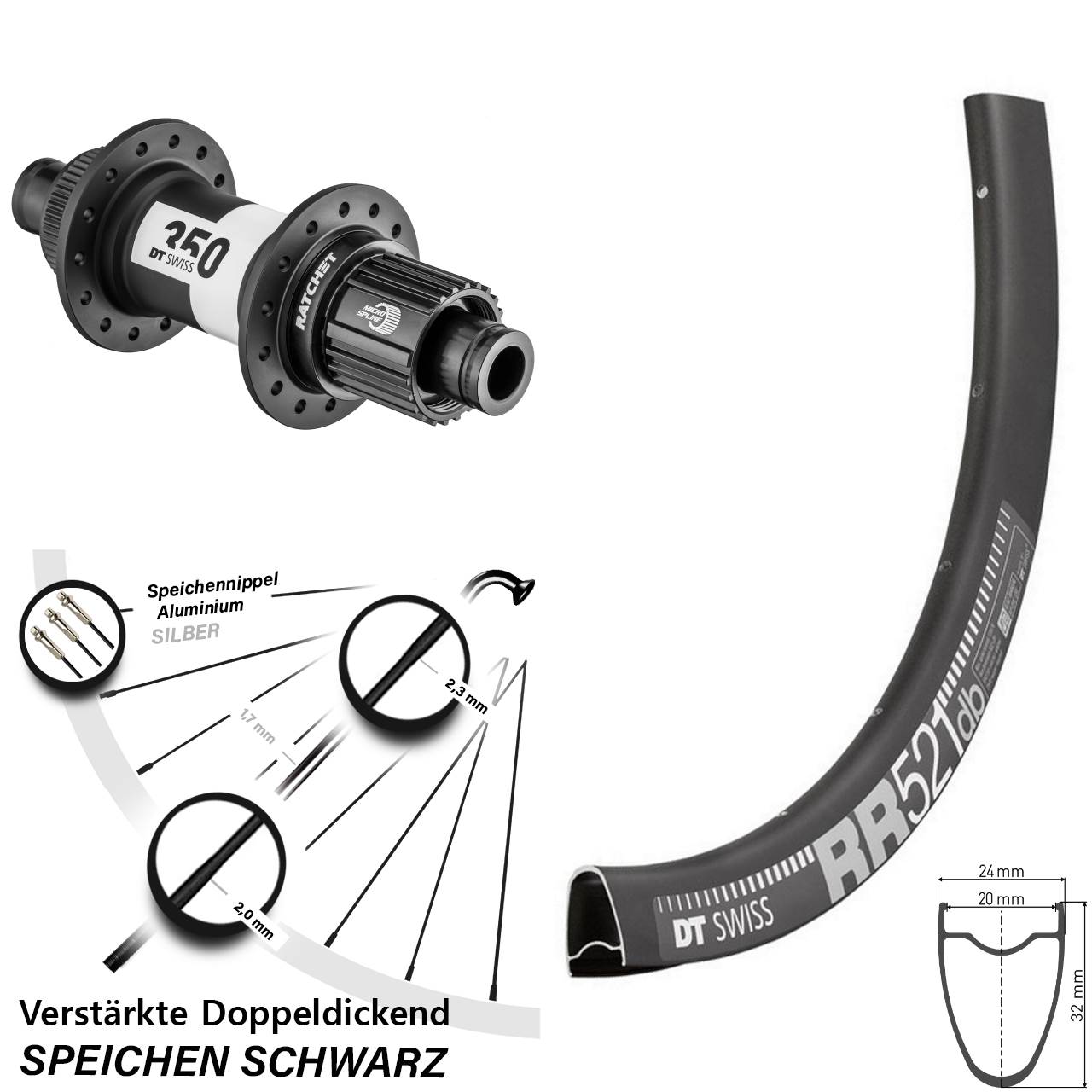 DT Swiss RR 521 DT Swiss 350 Ratchet 36 28 Zoll Disc Hinterrad 12x148 Boost Micro Spline