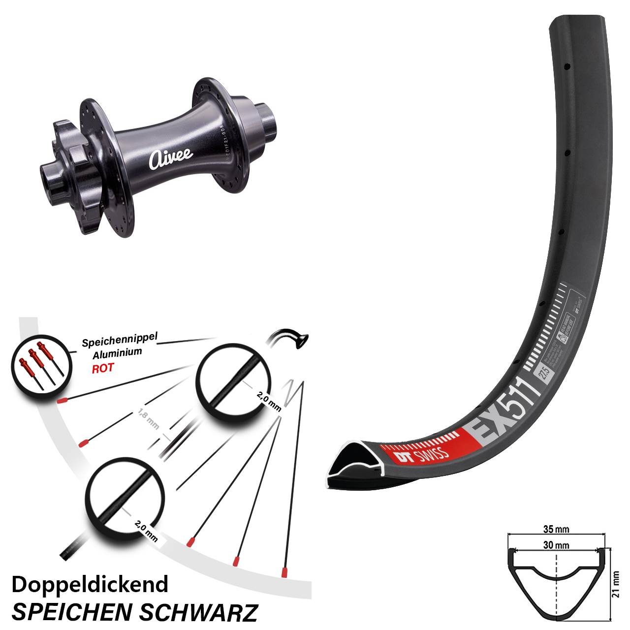 DT Swiss EX511 Aivee 27,5 Zoll Vorderrad 6-Loch 15x110 Boost