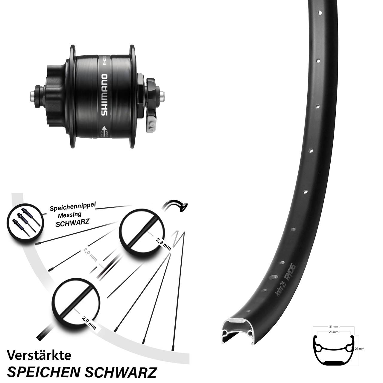 6-Loch Vorderrad mit Nabendynamo QR 29 Zoll Ryde Andra 25 Shimano DH-3D32