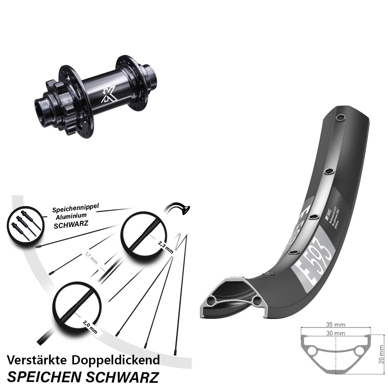 6-Loch Vorderrad 27,5 Zoll DT Swiss E593 KX-M Steckachse 20x110 non Boost