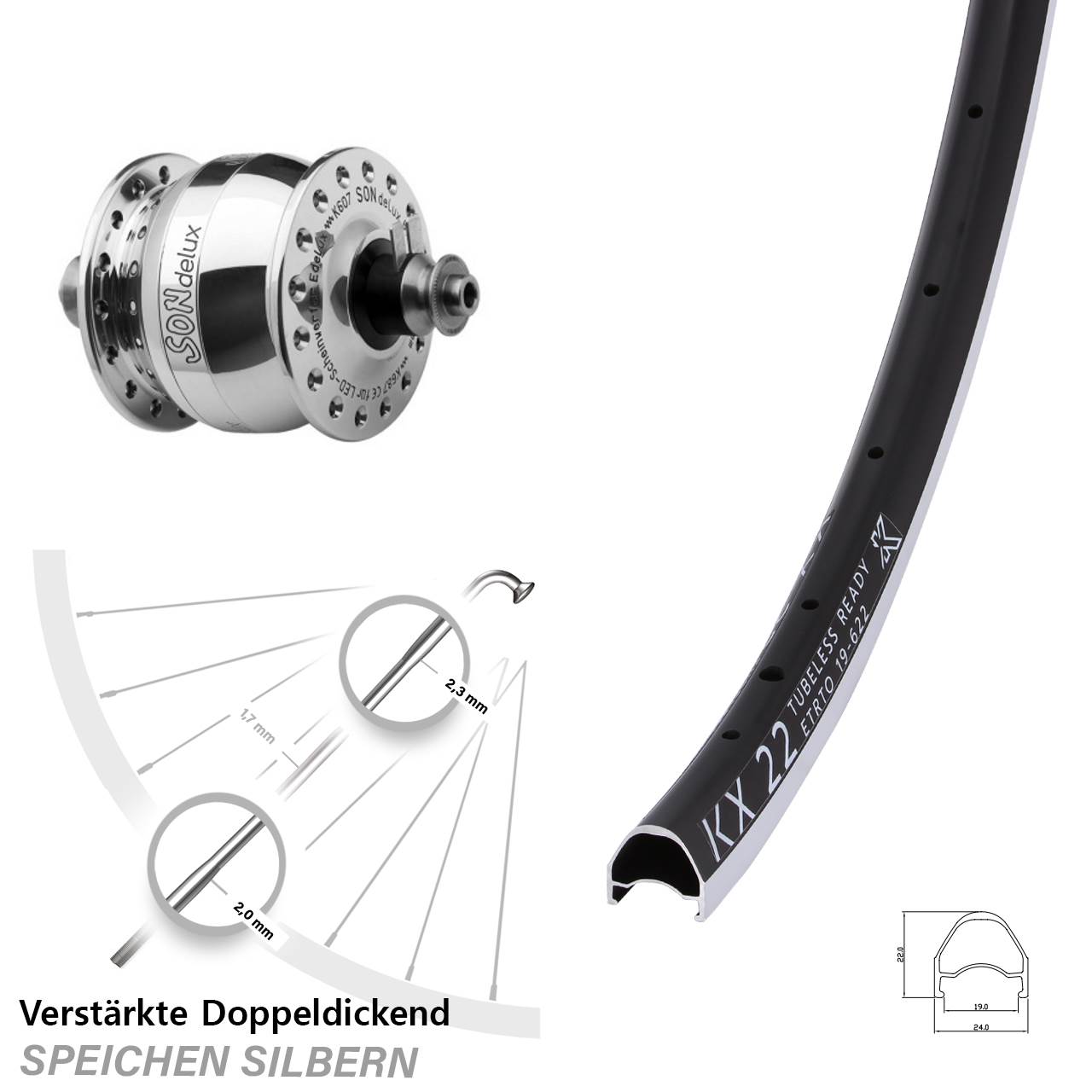 Vorderrad 28 Zoll KX 22 schwarz SON delux Felgenbremse QR silbern poliert